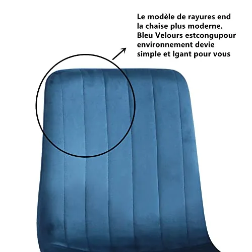 GOLDFAN Chaises Set de 4 Bleu Chaise de Salle à Manger de 4 Chaise de Cuisine Assise rembourrée en Velours Pieds en métal Stable, Bandes Bleues
