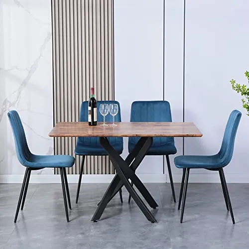 GOLDFAN Chaises Set de 4 Bleu Chaise de Salle à Manger de 4 Chaise de Cuisine Assise rembourrée en Velours Pieds en métal Stable, Bandes Bleues