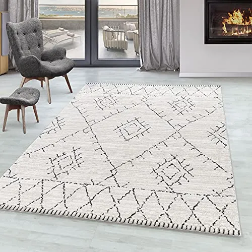 Tapis à Poils Ras, Conception berbère, Tapis Crème, 200 x 290 cm, Tapis de Style bohème, Tapis Salon