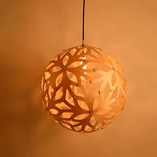 KAIKEA Suspension en bois, luminaire sphérique à 1 lumière, suspension tissée, finition de couleur bois, suspension à boule, plafonnier suspendu pour patio, couloir, cuisine, îlot, chambre, salle à ma