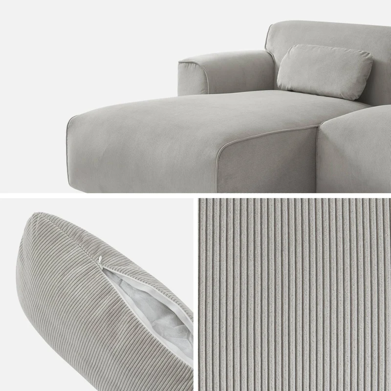 sweeek - Canapé d'angle Gauche. 2 à 3 Places. Velours côtelé Gris Clair. Wallas L 196 x P 151/91 / x H 73cm