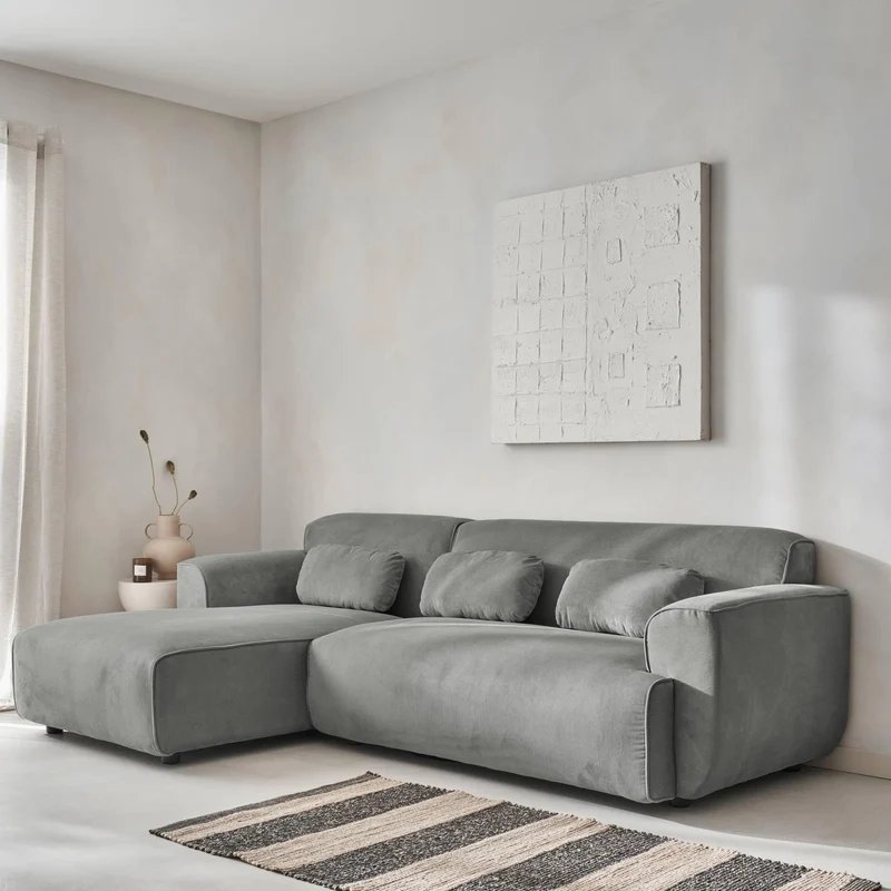 sweeek - Canapé d'angle Gauche. 2 à 3 Places. Velours côtelé Gris Clair. Wallas L 196 x P 151/91 / x H 73cm