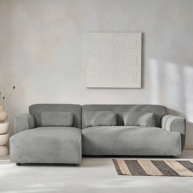 sweeek - Canapé d'angle Gauche. 2 à 3 Places. Velours côtelé Gris Clair. Wallas L 196 x P 151/91 / x H 73cm