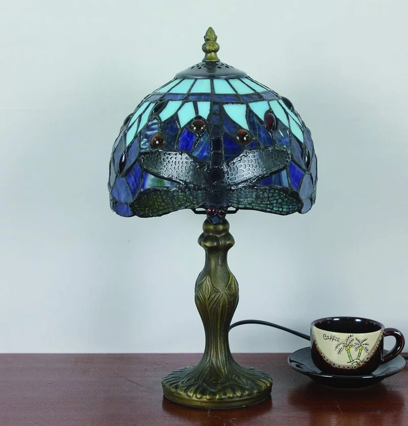 Tokira Lampe de Table Tiffany Libellule Bleu de Mer 8 Pouces, Rétro Vitrail Abat-jour, Lampe Pour le Salon Chambre, Lumières de Restaurant[Sans Ampoule]