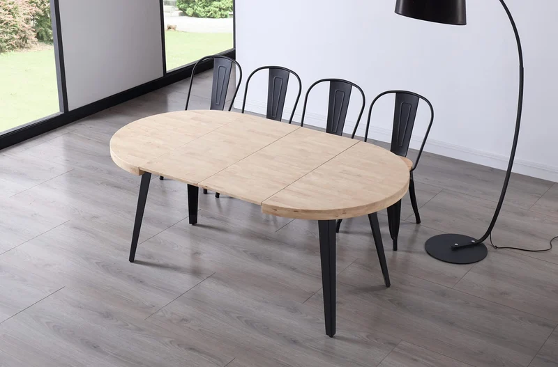 PEGANE Table à Manger Ronde Extensible en Bois Coloris chêne Nordique Pieds Noir - diamètre 100-180 x Hauteur 76 cm