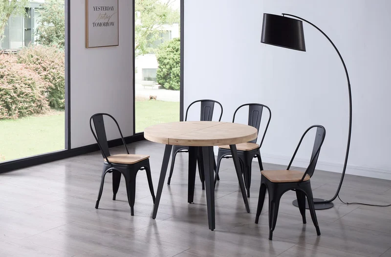 PEGANE Table à Manger Ronde Extensible en Bois Coloris chêne Nordique Pieds Noir - diamètre 100-180 x Hauteur 76 cm