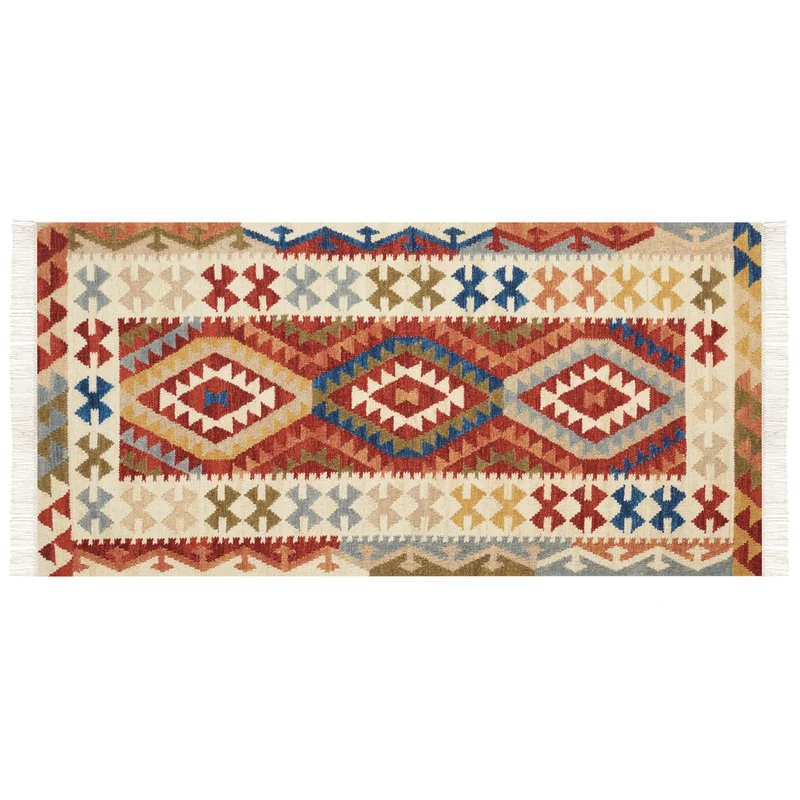 Tapis Kilim Multicolore en Laine 80 x 150 cm avec Frange Oriental Fait Main Oshakan