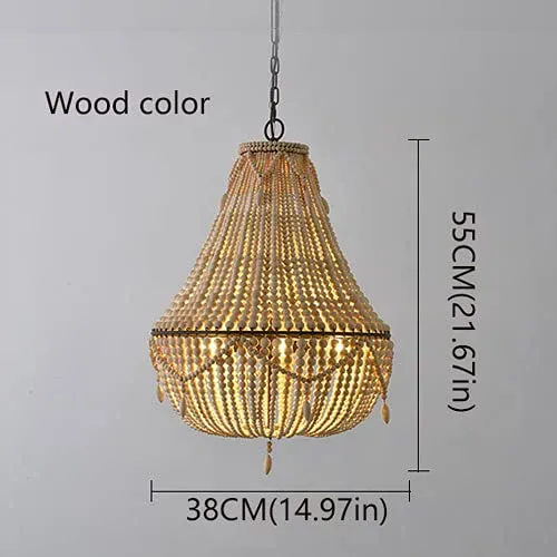 WANQINV Lustre en Perles de Bois de Style bohème Suspension Semi-incrustée de Perles de Bois Faites à la Main Salle à Manger Salon Chambre Plafonnier Suspension E27 3- Lumières 14,97 "D X 21,67" H