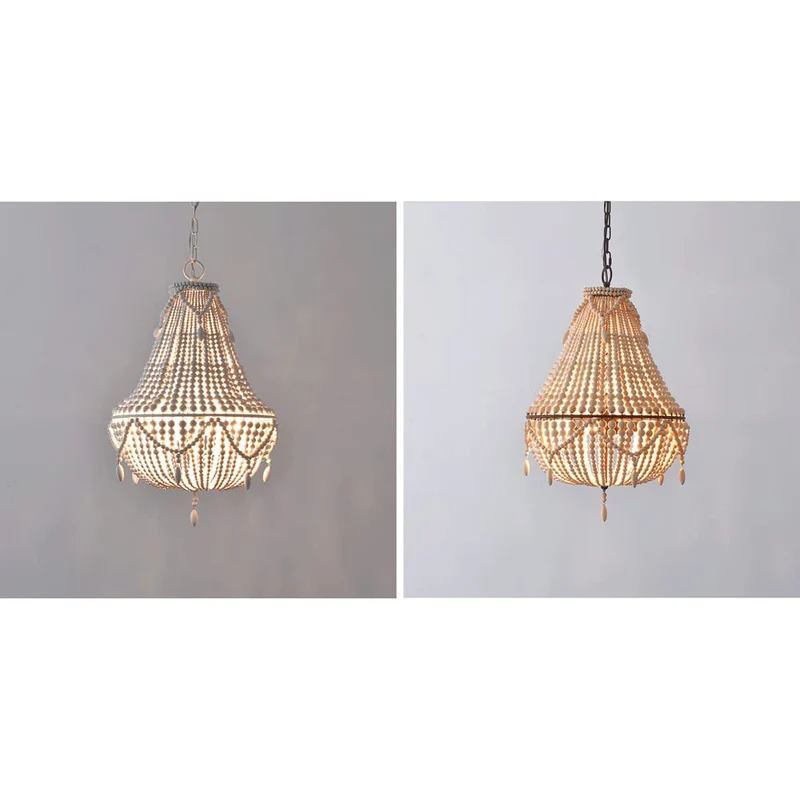 WANQINV Lustre en Perles de Bois de Style bohème Suspension Semi-incrustée de Perles de Bois Faites à la Main Salle à Manger Salon Chambre Plafonnier Suspension E27 3- Lumières 14,97 "D X 21,67" H