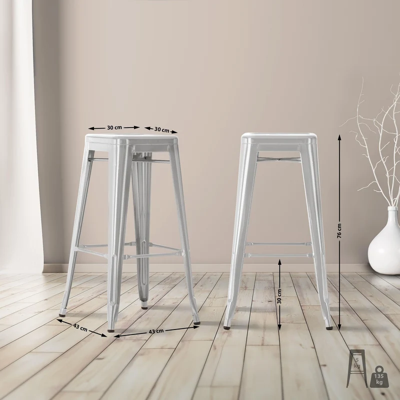 CLP Tabouret de Bar Joshua I Tabouret de Bar empilable en métal I Chaise de Bar avec Repose-Pieds I Hauteur d'assise 76 cm I Tabouret empilable, Couleur:Argent