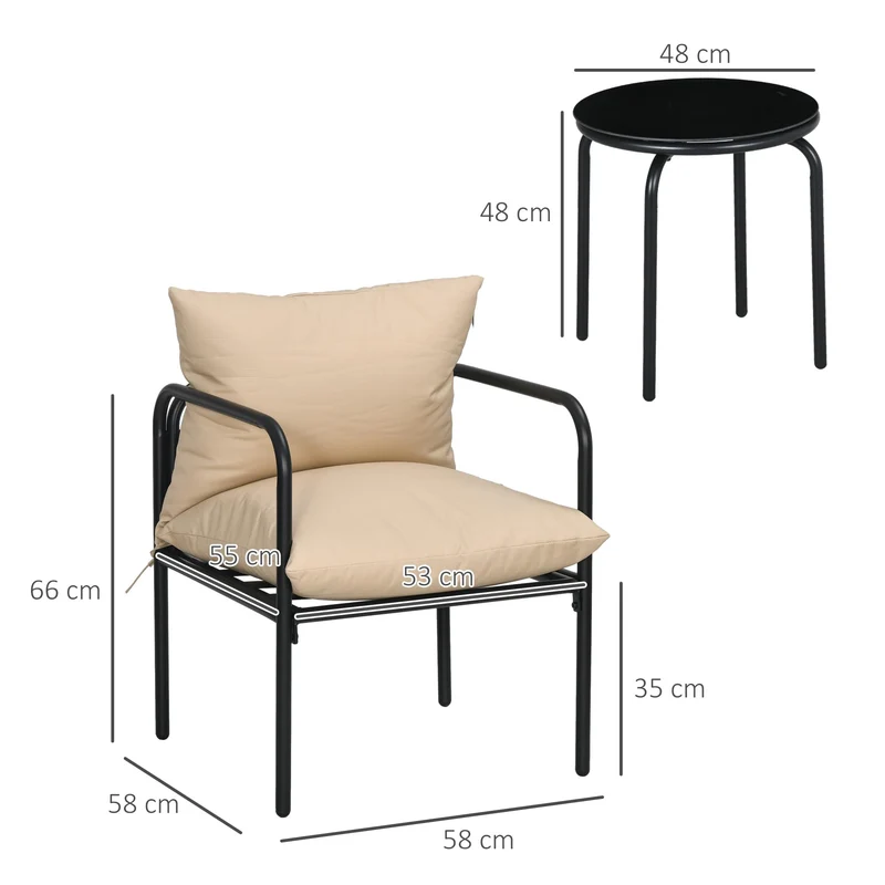 Outsunny Salon de Jardin bistrot, Ensemble bistrot de Jardin 3 pièces avec 2 fauteuils et 1 Table Basse Ronde, métal, Noir et Beige