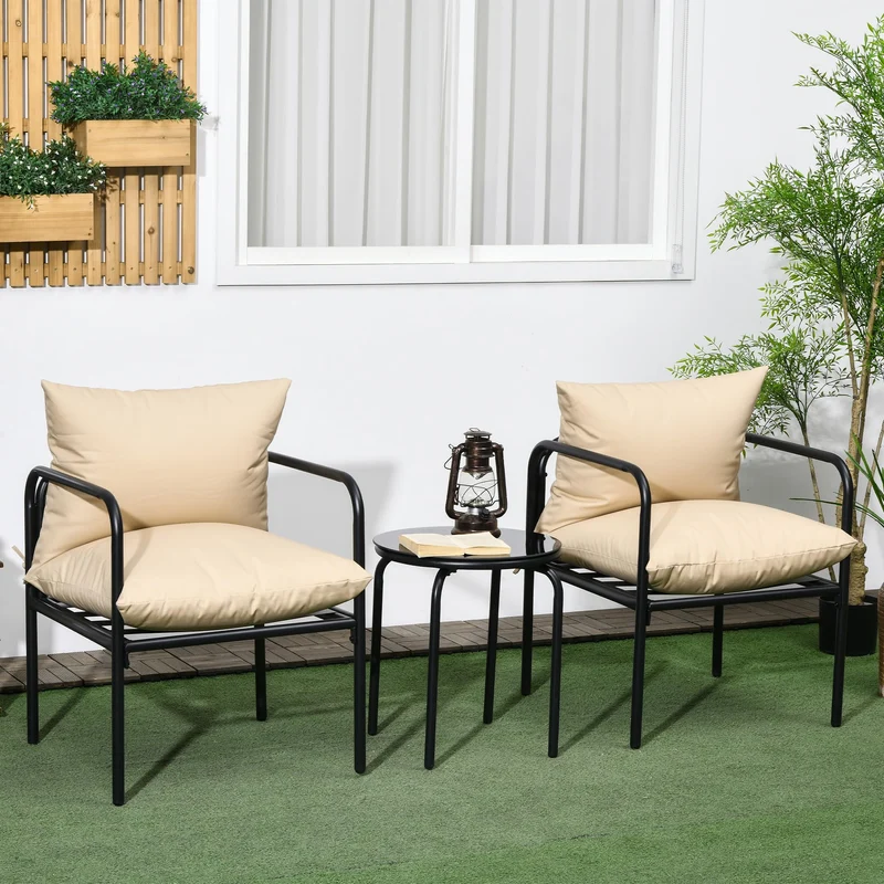 Outsunny Salon de Jardin bistrot, Ensemble bistrot de Jardin 3 pièces avec 2 fauteuils et 1 Table Basse Ronde, métal, Noir et Beige
