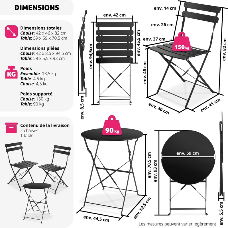 TecTake® Ensemble Table Ronde et Chaises Pliantes Table de Bistrot Bar Salon de Jardin Exterieur 2 Personnes, Structure en Acier lâqué époxy, Mobilier de Jardin Amenagement Balcon Terrasse Jardin