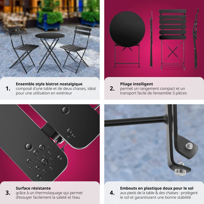 TecTake® Ensemble Table Ronde et Chaises Pliantes Table de Bistrot Bar Salon de Jardin Exterieur 2 Personnes, Structure en Acier lâqué époxy, Mobilier de Jardin Amenagement Balcon Terrasse Jardin