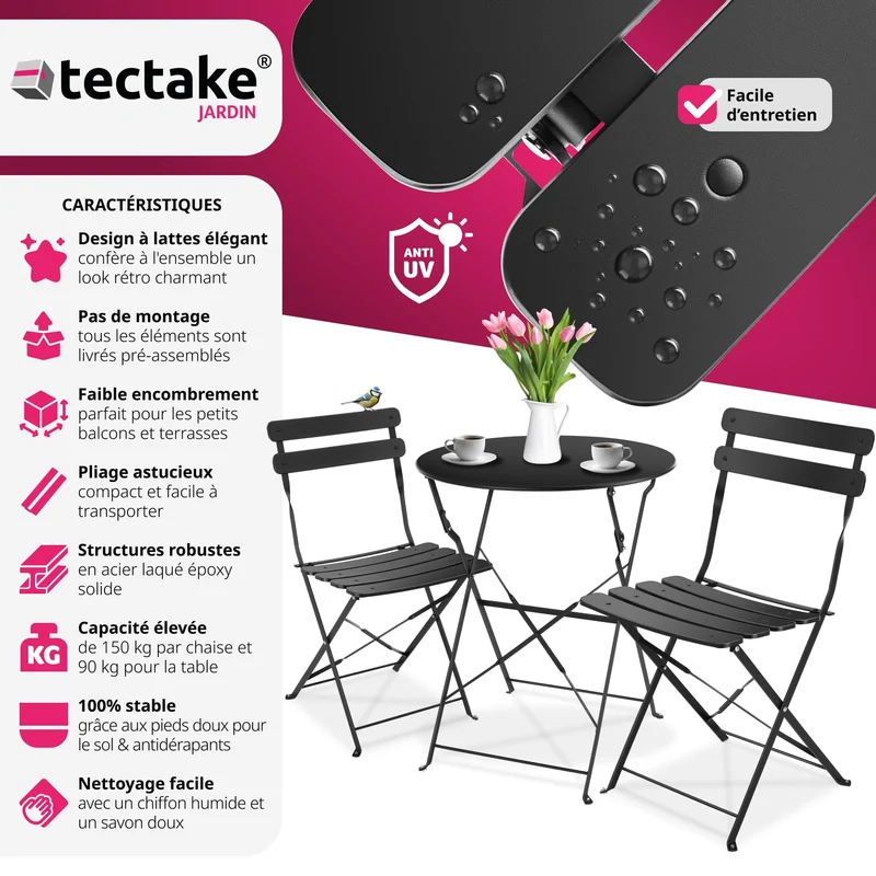 TecTake® Ensemble Table Ronde et Chaises Pliantes Table de Bistrot Bar Salon de Jardin Exterieur 2 Personnes, Structure en Acier lâqué époxy, Mobilier de Jardin Amenagement Balcon Terrasse Jardin
