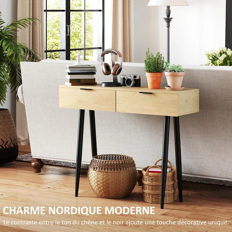 HOMCOM Console Meuble, Table Console, Console entrée Style Nordique, Table d'entrée étroite avec 2 tiroirs et Pieds en Acier, Bout de canapé, pour Salon, entrée, Couloir, chêne