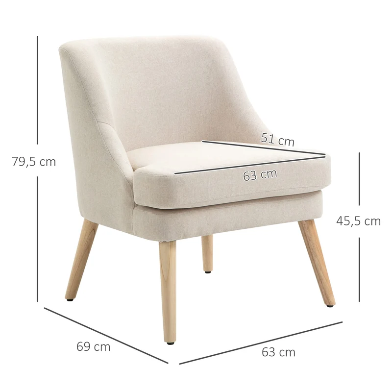 HOMCOM Fauteuil Scandinave Fauteuil Salon Confortable Fauteuil Beige pour Chambre Pieds en Bois Massif revêtement Tissu Lin