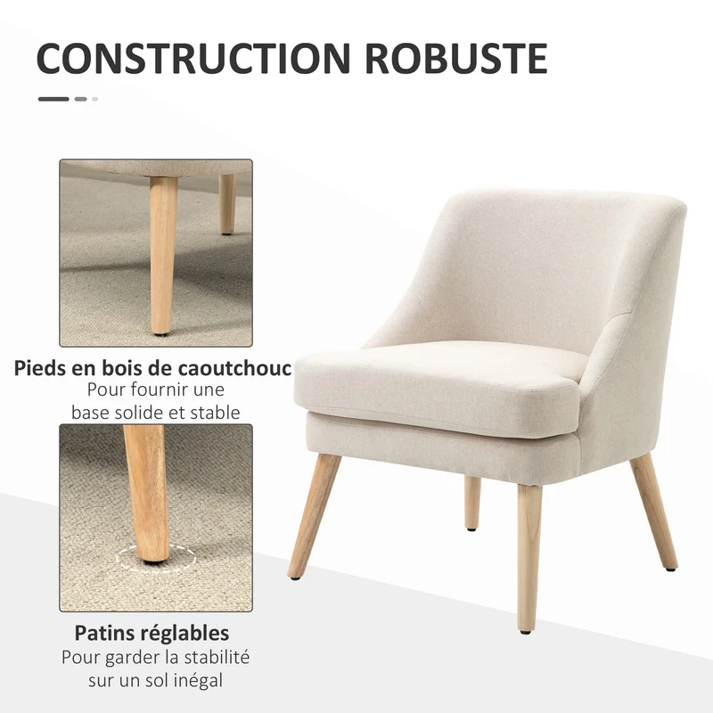 HOMCOM Fauteuil Scandinave Fauteuil Salon Confortable Fauteuil Beige pour Chambre Pieds en Bois Massif revêtement Tissu Lin