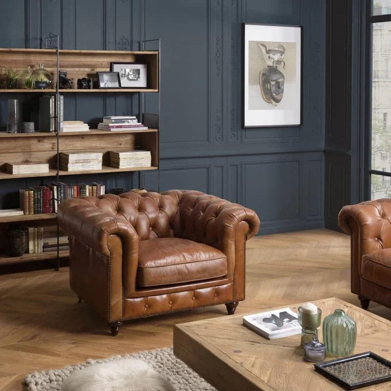 MACABANE Gaston - Fauteuil Marron Chesterfield capitonné Vintage 1 Place Cuir Pieds Bois