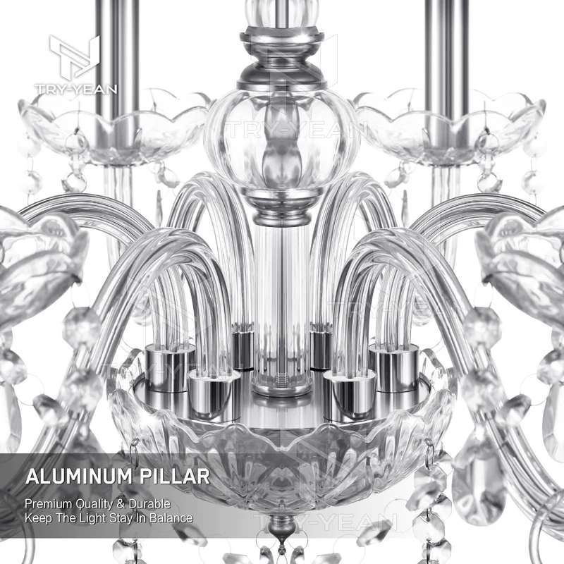 TRY-YEAN Lustre Baroque à 6 Bras Lustre Transparent Cristal K5 Lustre Pampille Suspension Lampe de Plafond avec Chaîne Réglable pour Chambre, Salon, Salle à Manger, Restaurant, E14