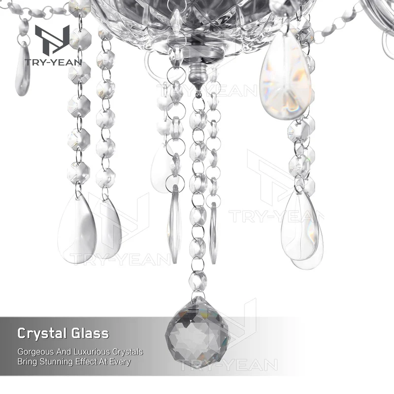 TRY-YEAN Lustre Baroque à 6 Bras Lustre Transparent Cristal K5 Lustre Pampille Suspension Lampe de Plafond avec Chaîne Réglable pour Chambre, Salon, Salle à Manger, Restaurant, E14