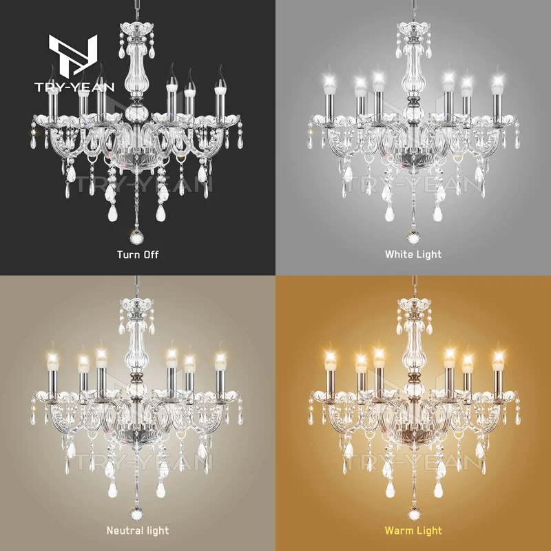 TRY-YEAN Lustre Baroque à 6 Bras Lustre Transparent Cristal K5 Lustre Pampille Suspension Lampe de Plafond avec Chaîne Réglable pour Chambre, Salon, Salle à Manger, Restaurant, E14