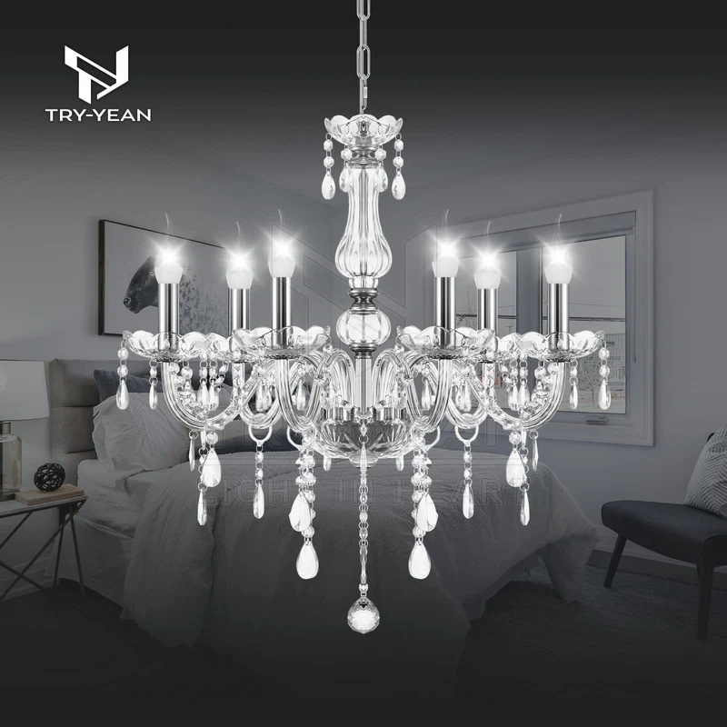 TRY-YEAN Lustre Baroque à 6 Bras Lustre Transparent Cristal K5 Lustre Pampille Suspension Lampe de Plafond avec Chaîne Réglable pour Chambre, Salon, Salle à Manger, Restaurant, E14