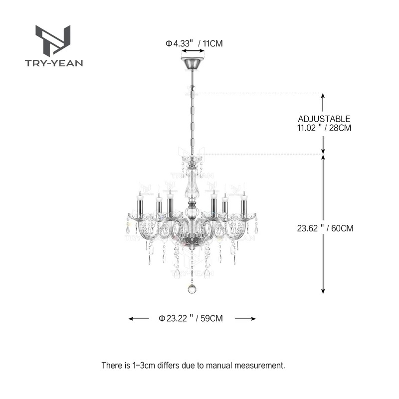 TRY-YEAN Lustre Baroque à 6 Bras Lustre Transparent Cristal K5 Lustre Pampille Suspension Lampe de Plafond avec Chaîne Réglable pour Chambre, Salon, Salle à Manger, Restaurant, E14