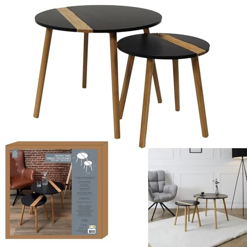HOME DECO FACTORY The Lot de 2 Tables Basses Gigognes Rondes Bicolore Relief Noir, Bois d'ingénierie, Small 40 x 40 cm-Tall 60 x 40 cm