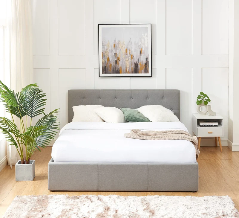 BAÏTA - Lit Coffre Tissu Bahia Gris 140x190 sommier Inclus