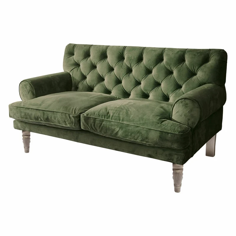 Loberon® Canapé Carme, Chesterfield, surpiqué, toucher doux, aspect élégant, housses de coussin amovibles, meubles de siège, bois de manguier, velours de polyester, polyester, vert