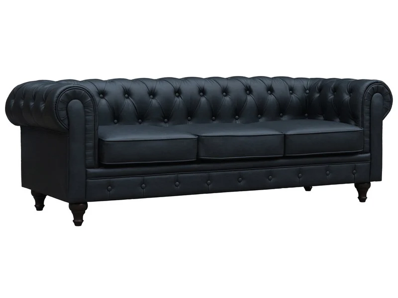 Habitat et Jardin - Canapé Chesterfield en Simili Aliza 3 Places Noir - Canapé Droit Capitonné Vintage - Design British - Pieds en Bois