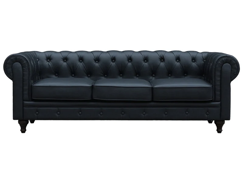 Habitat et Jardin - Canapé Chesterfield en Simili Aliza 3 Places Noir - Canapé Droit Capitonné Vintage - Design British - Pieds en Bois