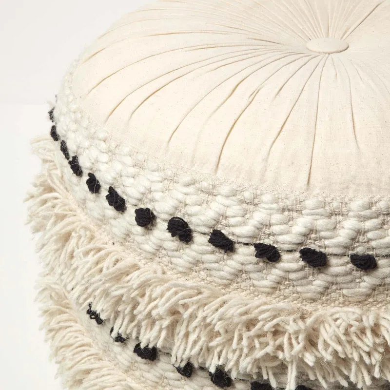 HOMESCAPES Pouf bohème Sahara Noir et Blanc, Pouf berbère en Coton et Laine, Pouf Rond macramé