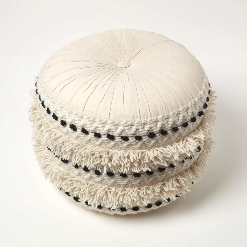 HOMESCAPES Pouf bohème Sahara Noir et Blanc, Pouf berbère en Coton et Laine, Pouf Rond macramé