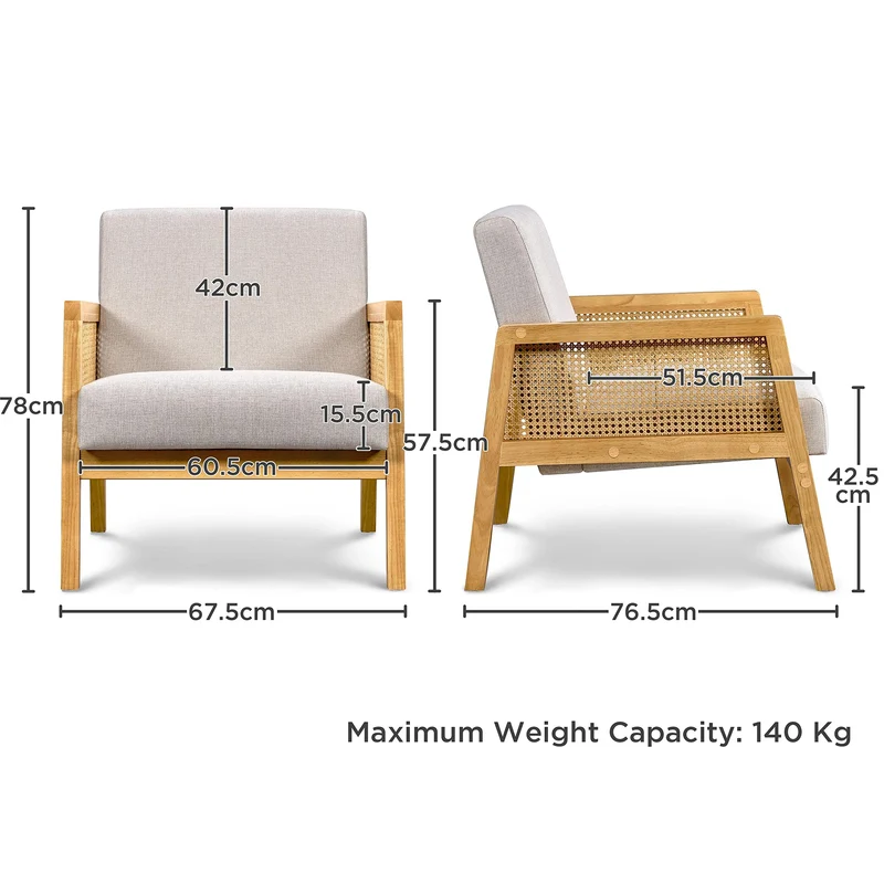 Yaheetech Fauteuil de Salon en Bois Design Rotin Massif et en Tissu Fauteuil Relax avec Coussins Rembourrés Fauteuil d'appoint pour Salon Chambre Terrasse Véranda Jardin Beige/1
