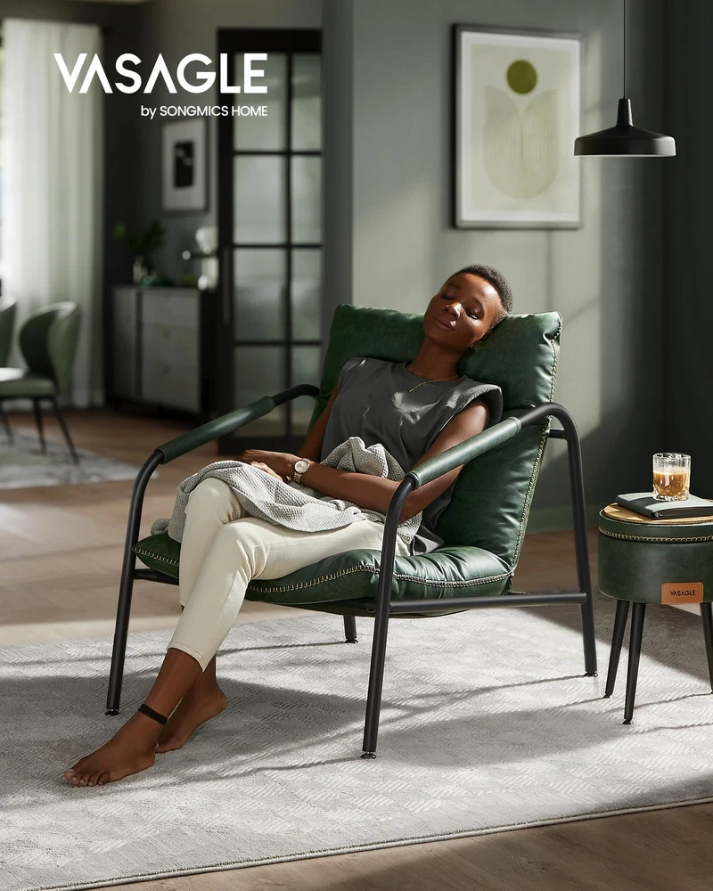 VASAGLE EKHO Collection - Fauteuil de Salon, Fauteuil d’Appoint avec Accoudoirs, Cadre Métallique, PU avec Coutures, Moderne Mi-siècle, pour Chambre, Salle de Lecture, Séjour, Vert Forêt LAC014C01