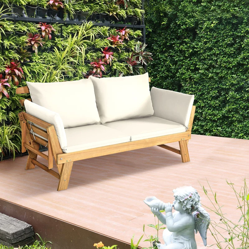 GOPLUS Canapé Lit de Jardin Extensible 2 Places Charge 320 KG, Accoudoirs Réglables, Coussins & Dossier Amovibles, Cadre en Bois d’Acacia Massif, pour Terrasse, Balcon, Parc, Patio (Blanc)