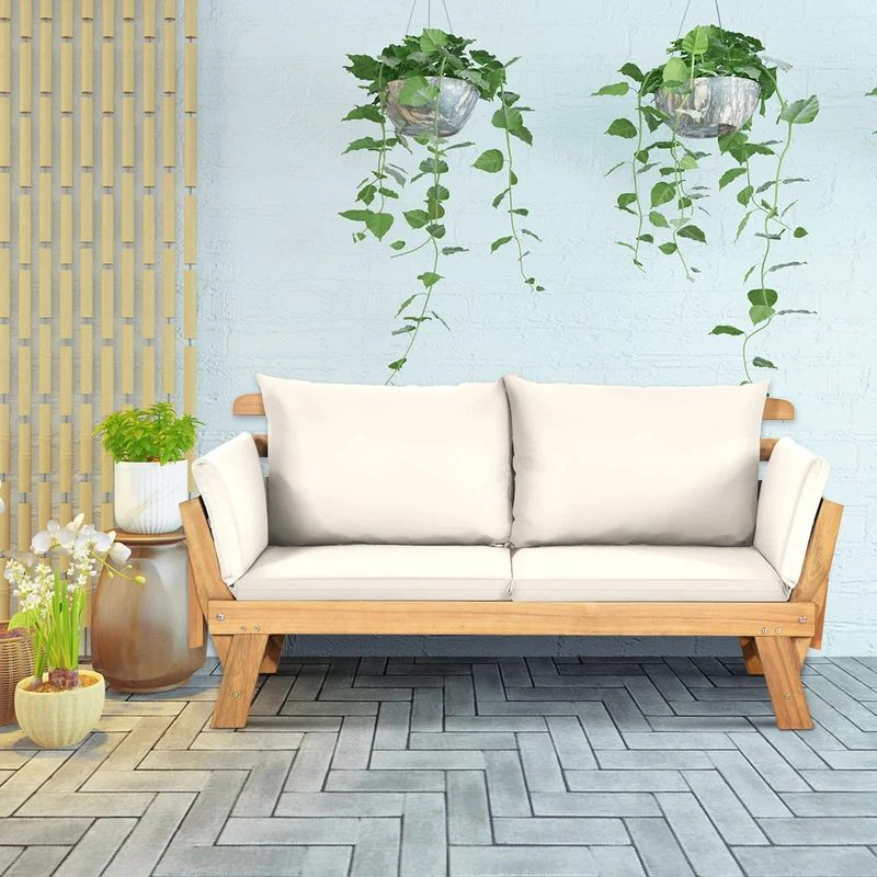 GOPLUS Canapé Lit de Jardin Extensible 2 Places Charge 320 KG, Accoudoirs Réglables, Coussins & Dossier Amovibles, Cadre en Bois d’Acacia Massif, pour Terrasse, Balcon, Parc, Patio (Blanc)