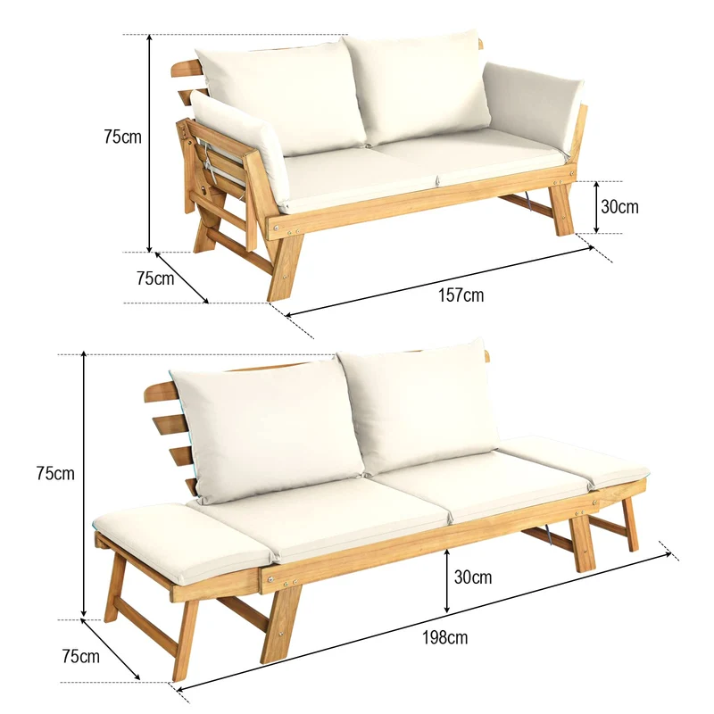 GOPLUS Canapé Lit de Jardin Extensible 2 Places Charge 320 KG, Accoudoirs Réglables, Coussins & Dossier Amovibles, Cadre en Bois d’Acacia Massif, pour Terrasse, Balcon, Parc, Patio (Blanc)