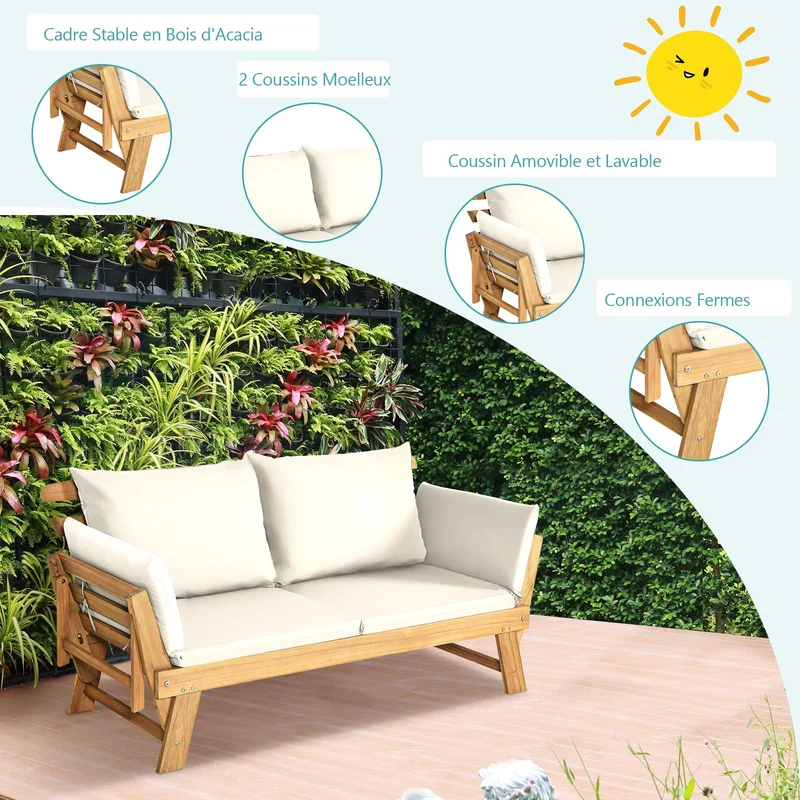 GOPLUS Canapé Lit de Jardin Extensible 2 Places Charge 320 KG, Accoudoirs Réglables, Coussins & Dossier Amovibles, Cadre en Bois d’Acacia Massif, pour Terrasse, Balcon, Parc, Patio (Blanc)