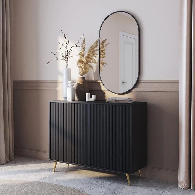 Selsey Commode Armoire 2 Portes À Lamelles 104 cm sur Pieds Dorés Meuble De Rangement Noir Bello