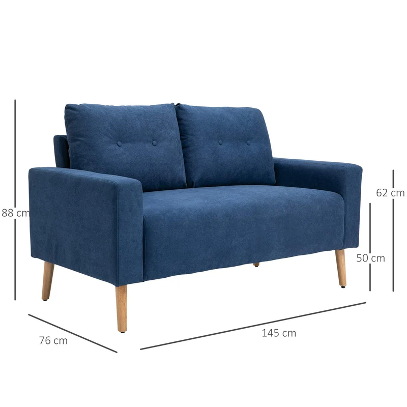 HOMCOM Canapé 2 Places Design scandinave dim. 145L x 76l x 88H cm Pieds Bois Massif Tissu Bleu