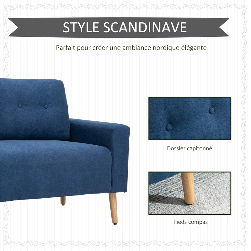 HOMCOM Canapé 2 Places Design scandinave dim. 145L x 76l x 88H cm Pieds Bois Massif Tissu Bleu