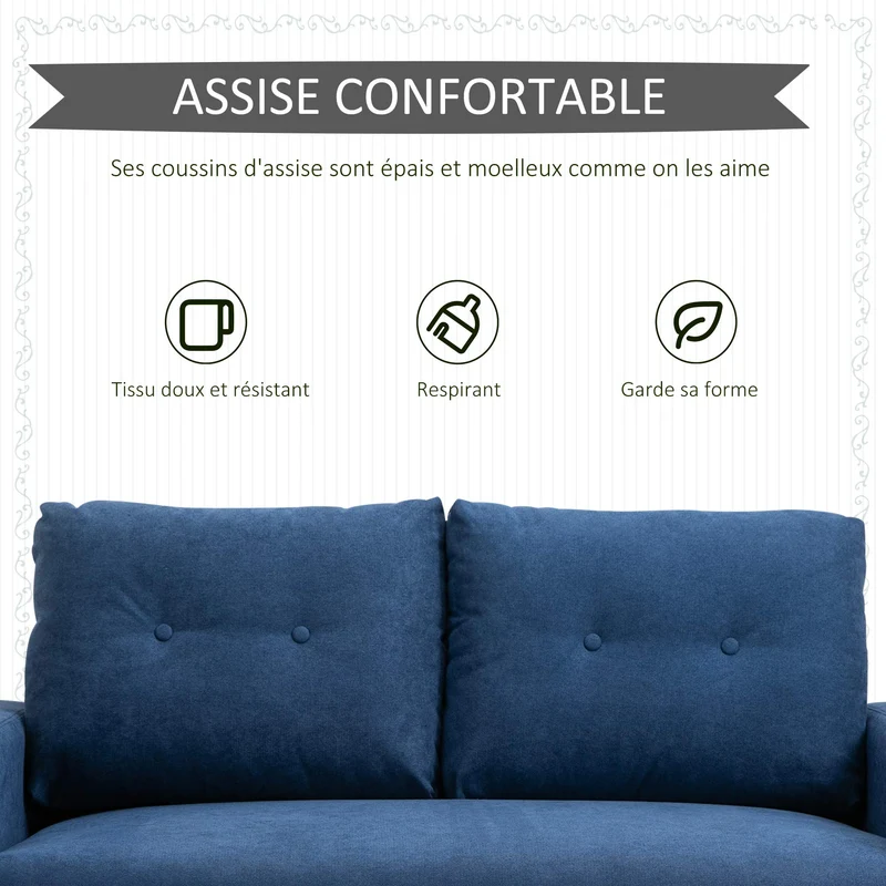 HOMCOM Canapé 2 Places Design scandinave dim. 145L x 76l x 88H cm Pieds Bois Massif Tissu Bleu