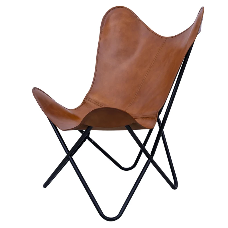 Chaise papillon en cuir marron clair avec base en métal noir