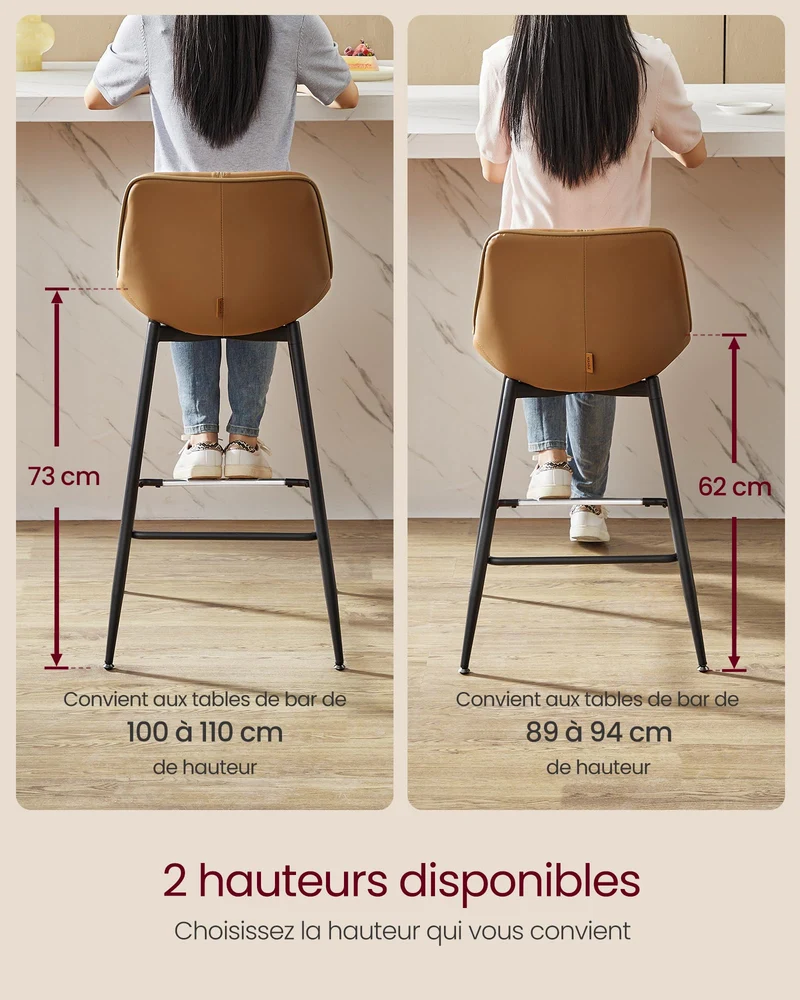 VASAGLE Tabourets de Bar, Lot de 2, Tabourets de Cuisine, Ergonomique, PU, Structure Métallique avec Pieds Réglables Articulés, 73 cm de Hauteur, Bar, Montage Facile, Marron Chameau LBC888K01