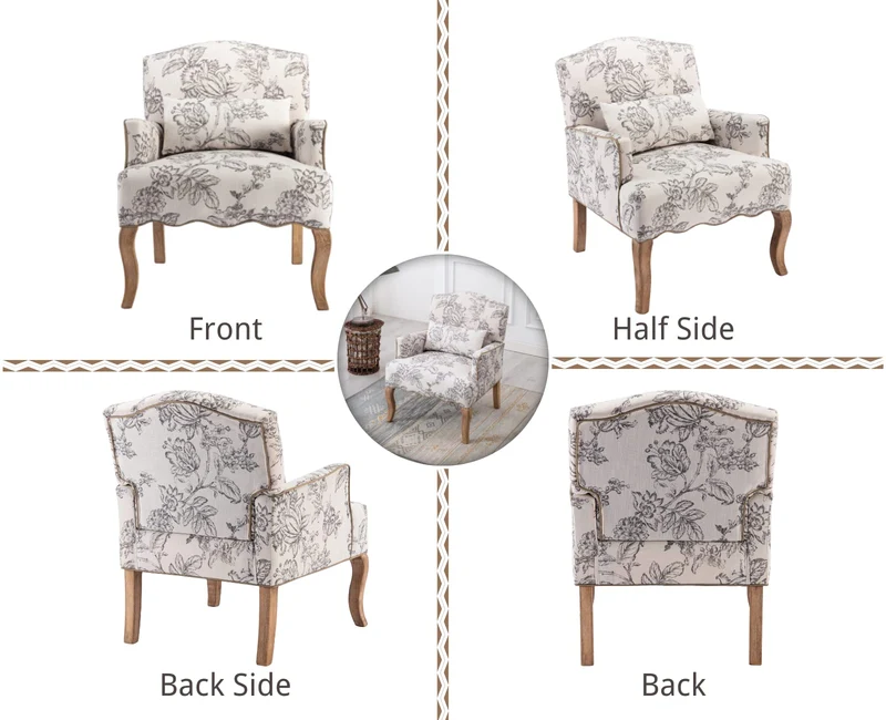 Wahson Fauteuil en Baroque Confortable avec Pieds en Bois, Fauteuil Beige en Lin, Fauteuil Scandinave pour Salon et Chambre, Beige