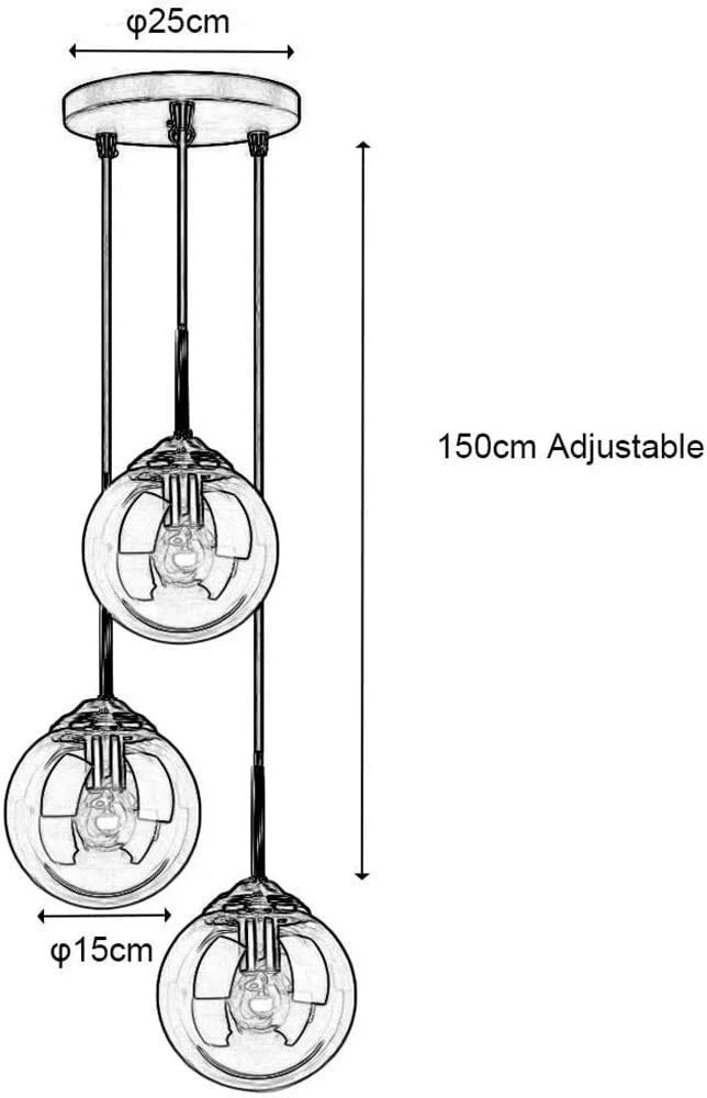 YZ-YUAN Suspension Industrielle rétro Boule de Verre luminaire Suspendu luminaire en Laiton plafonnier E27 3 lumières LED Lustre éclairage pour Salon Salle à Manger Chambre (Couleur: Ambre)