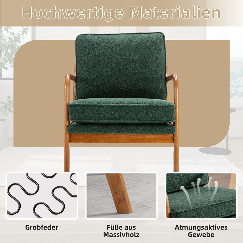 SUPPNEED Fauteuil lounge Mid Century moderne Accent Chair, fauteuil en bois pour salon, chambre à coucher (émeraude et chenille)